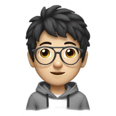 young boy with korean style black hair / big nose/ grey hoody / white glasses / white glasses sticker