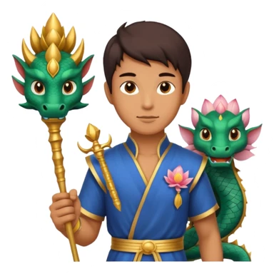 man with asian dragon, scepter, buddhism, lotus sticker