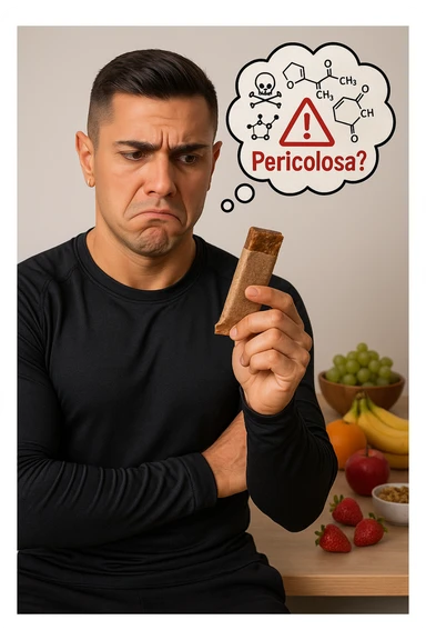 un uomo in abbigliamento sportivo tiene in mano una barretta proteica, osservandola con un’espressione scettica e preoccupata. Sopra la barretta, una nuvoletta di pensiero mostra simboli di allarme, ingredienti chimici e la scritta “Pericolosa?” in rosso. Sullo sfondo, frutta fresca e altri snack naturali sono visibili sul tavolo, sottolineando la sua preferenza per alternative più sane. sticker