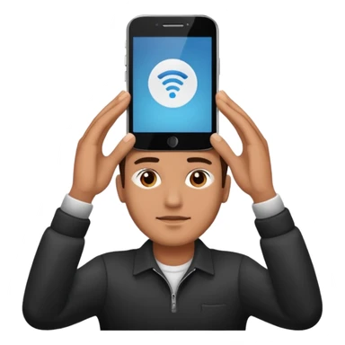 a guy holding 1 smartphone with both hands horizontally on top of his forehead sticker