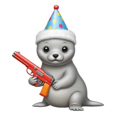 Baby seal wearing birthday hat holding a gun sticker
