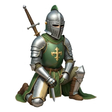 A lone medieval knight in a green worn armor kneels. His helmet is closed, hiding his face, conveying silence, exhaustion and contemplation. A long sword is planted in the ground beside him, its hilt resting near his gloved hands as if he is praying or resting after battle. sticker