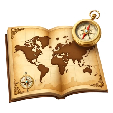3D Brown golden map with Travel compass pointing to adventure sticker