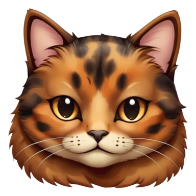 Meme-Worthy Cute Sleeping Tortoiseshell Cat Portrait Emoji, Head resting with a serene, sleepy smile and softly closed, dreamy eyes, showcasing a warm, mottled fur of rich browns and blacks, simplified yet adorably detailed, glowing with a gentle, drowsy radiance, high shine, exuding relaxed, heart-melting charm, styled with a soft glowing outline, capturing the essence of a sleeping tortoiseshell cat that radiates pure, peaceful cuteness! sticker