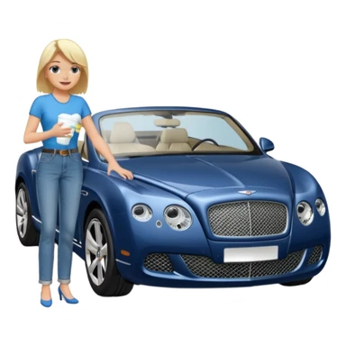 A heavy set middle aged blond lady in blue jeans washing a black Bentley car. show the full car and the lady next to it. show the face smaller and the person standing beside it...use the  sticker