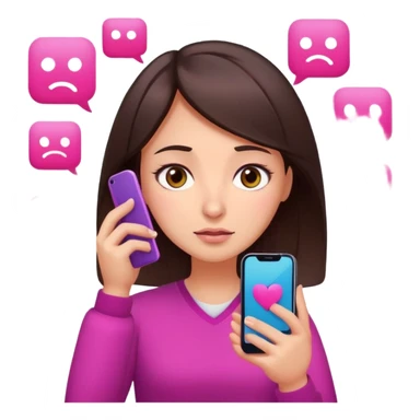 Social media manager. She has dark brown hair, brown eyes, overwhelmed expression, tired eyes, slightly stressed face,a holding a smartphone with notifications piling up. Use vibrant colors with a focus on pink and fuchsia tone sticker