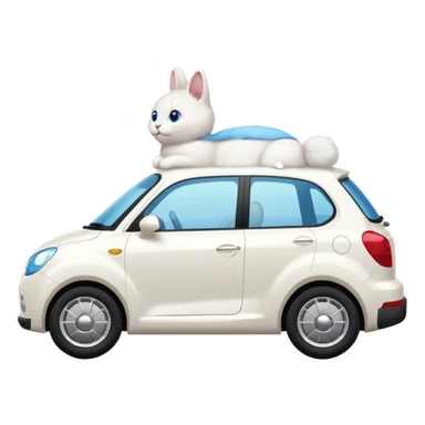 Please create a small emoji the size of 🚗 featuring a pure white cat with bunny tail with blue eyes on a white saloon car viewed from side. Again it is necessary that the emoji must be extremely small, much smaller than a standard sized sticker. sticker
