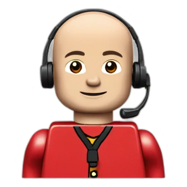 LEGO customer service bald men with headset with red shirt sticker