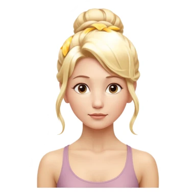 Cinematic Realistic yoga Portrait, depicted with lifelike skin texture, subtle rosy undertones, and soft natural lighting that enhances the gentle contours of her face. Her intricately detailed golden blonde hair is elegantly styled in an updo, sticker
