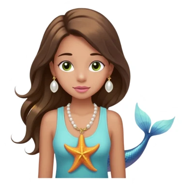 Create a teen girl wearing a light blue tank top. She will have long brunette hair, tan skin, pink lips, and grey-green eyes. She has long eyelashes. She also has light freckles and is wearing a gold charm necklace that has an n on it, a pearl, a sun, a starfish, a mermaid tail, and seashell sticker