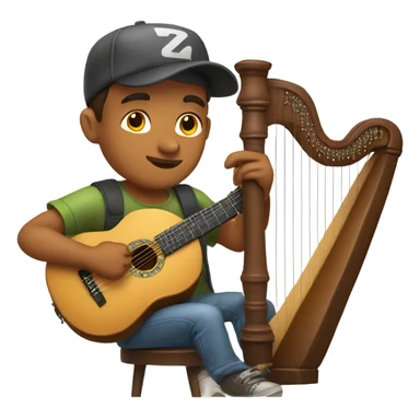 Young guy casual with ball cap playing a big harp that looks similar to a banjo  sticker