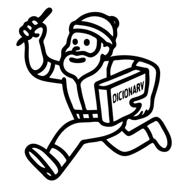 Remove the beard from the running lumberjack while preserving the dynamic cartoon character style. Include elements of a dictionary and a red pen. No beard and no background. sticker