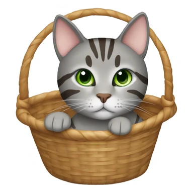 Gray and brown tabby cat with green eyes sitting in a basket sticker