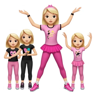 Hiphop dancer, with cute big pants, sneakers, and t-shirt. White girl blond. Coloufull shirt. No pocket pants. Dancing. Pink and black plain outfit. No sweatbands on the wrist, black music box behind her. Ballerina pose. with dancing kids behind her. With a music box sticker