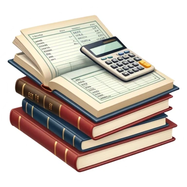 Icon for Business Reading: an open book with graphs, numbers, percentages, formulas, and text on the pages, next to a stack of books, a pile of dollars, a calculator and business magazines like Forbes. Transparent background. sticker
