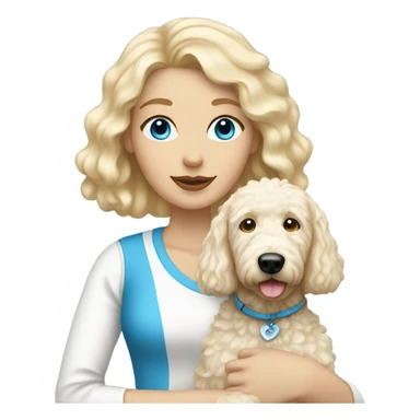 White lady with blonde hair and blue eyes and her white golden doodle dog sticker