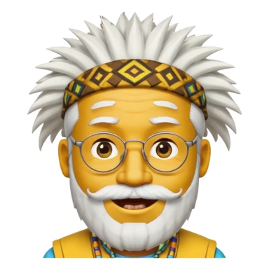 50 year old man, spiky hair, winking one eye, smiling brightly, black skin, raised eyebrows, wearing glasses, white hair and beard, wearing a yellow hat like a tribal chief, emoji style, style 2 sticker