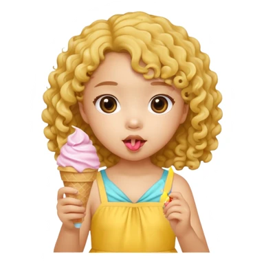 a little asian girl kid with curly hair, yellow dress, eat ice cream sticker