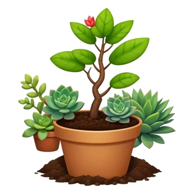 Close-up of a potted sapling in rich soil surrounded by vibrant plants and succulents. Bright sunlight filters through the window, casting soft shadows. Nearby gardening tools rest on a wooden table. Cozy indoor atmosphere with greenery and flowers. sticker