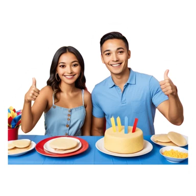 party table decorated with red blue and yellow colors, including a backdrops, balloons arch, streamers and more. On the table are intricate displays of colombian arepas, and baskets of money. In the forefront is a woman and man in simple clothing, big smiles and big thumbs up sticker