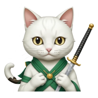 un gato blanco con reeferencia a rororoa zoro "una espada en cada mano y una en la boca" sticker