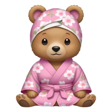 A cute light-brown bear wearing a pastel pink sakura-patterned yukata loosely, normal balanced body ratio.  
Relaxing in a warm hot spring with steam around, a small towel on the head, peaceful happy expression.  simple scenic background with rocks. sticker