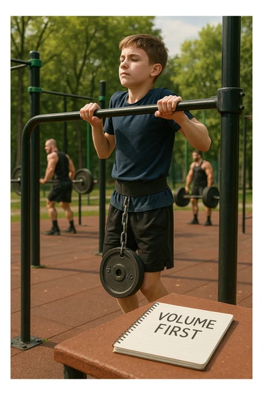 Atleta neofita giovane in un parco attrezzato per streetlifting, fisico ancora in fase iniziale. È intento a eseguire molte ripetizioni di esercizi a corpo libero con pesi leggeri (zavorra moderata), come trazioni e dip su parallele. Accanto a lui un taccuino di allenamento con la scritta 'Volume First'. L’atmosfera è luminosa e motivante, con altri atleti più muscolosi che sollevano carichi pesanti, ma lui è concentrato sul gesto tecnico e sulla costanza. Stile realistico, colori naturali, messaggio educativo su priorità all’adattamento progressivo e al volume. sticker