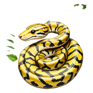 Tiger python coiled up on the ground, blending with the dense jungle foliage. Its distinct orange and black stripes stand out against the vibrant green of leaves and plants. Sunlight filters through the trees, highlighting the snake's patterned scales. Transparent background. sticker