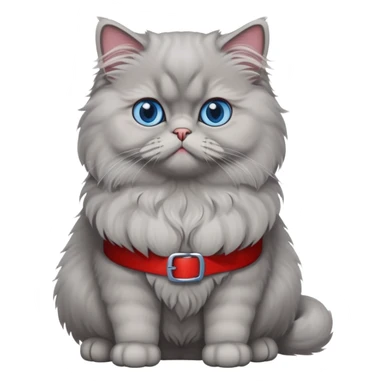 gray Persian cat full body sitting with blue eyes and red belt sticker