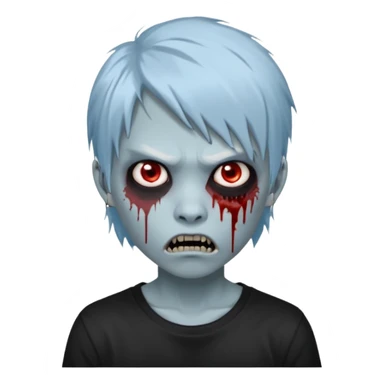  3D emoji-style avatar with very pale blue-grey zombie skin , a young Asian face, and large eyes with blood tears. Give it white litle bit messy mullet hair style , silver hoop earrings, and a plain black T-shirt. The face expression should be slightly angry, with vampire fang sticker