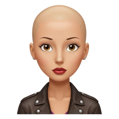 Gorgeous woman shiny , shaved half head no eyebrows leather jacket Alluring m wide nose bald head big glossy lips sticker