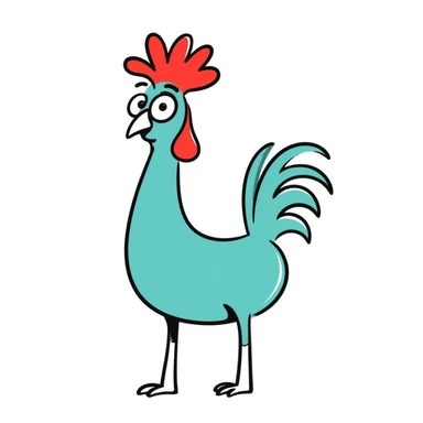 A silly cross-eyed rooster chicken with bright blue-green feathers, red comb, long neck, skinny legs, and confused expression sticker