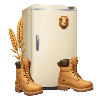 A white refrigerator with a camel head on top, and four Timberland-style wheat colored work boots attached to the bottom corners sticker