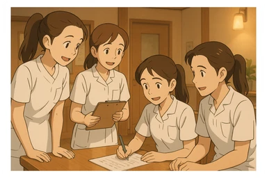 Quatre étudiants infirmiers, style Ghibli, travaillant ensemble à l'intérieur, tenues blanches à manches courtes, hauts type tunique médicale col en V, poche poitrine à gauche, pas de pied de col, pas de stéthoscopes, avant-bras nus, cheveux longs attachés. Interaction visible, décor intérieur de centre de soins. sticker