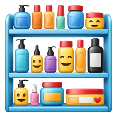 emoji of front view beauty product shelf with last item with brand label sticker