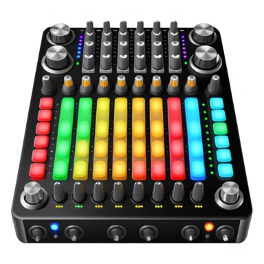 The long DJ mixer features faders, EQ knobs and multi-colored LEDs. sticker