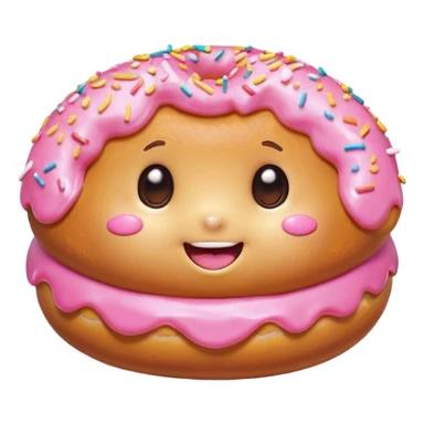 Cinematic tiny happy donut, round and fluffy, golden brown with pink icing and sprinkles, tiny adorable face with blushing cheeks, warm glowing background. sticker