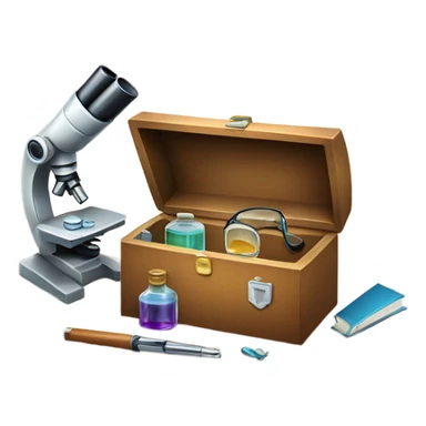 toolbox for scientist with a book, glasses, microscope sticker