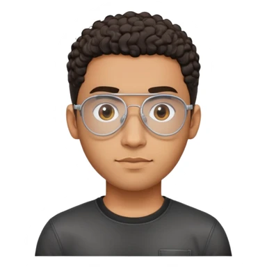 Young brown-skinned Latino man with oval face and large forehead, metal-framed aviator glasses with clear lenses, high skin fade haircut with very short dark curls only on top, calm friendly expression, black t-shirt sticker