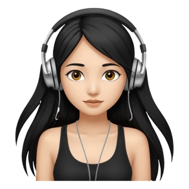 a fair indian girl with straight black long hair, wearing a black cami top. and wearing silver  headphones on sticker