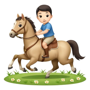 l little chinese baby boy riding on a  cute horse running on the grass with 2026 year label sticker