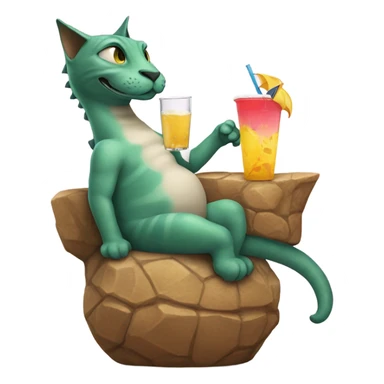Cat sitting on dinosuar with a drink in hand sticker
