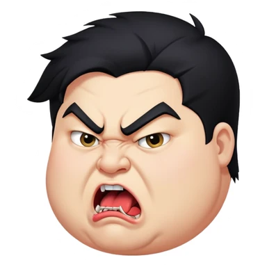 chubby young angry man in profile view with black hair, sharp fangs, crossed eyes, exaggerated long tongue sticking out sticker