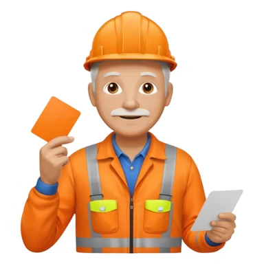 older engineer hi-vis orange overalls full body holding a card sticker