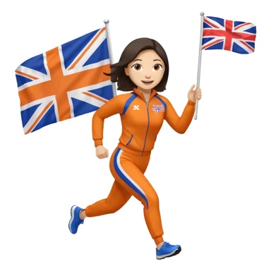 asian woman in orange sport suit and holding uk flag in one hand, running sticker