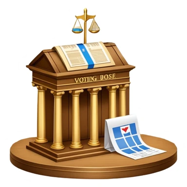 An icon featuring a ballot box with a voting paper, a government building with columns, and a scale of justice, symbolizing political science. The design includes a world map in the background, representing global political systems. Transparent background highlights governance and civic studies. sticker