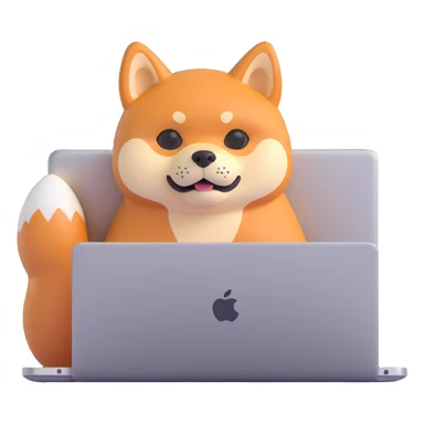 rounded 3D cartoon Shiba Inu mascot named Horus with tan orange fur, peeking over a glowing silver MacBook laptop with glowing screen, dog looks calm and focused, modern Apple emoji style, soft shadows, glossy, tight framing, white or transparent background sticker