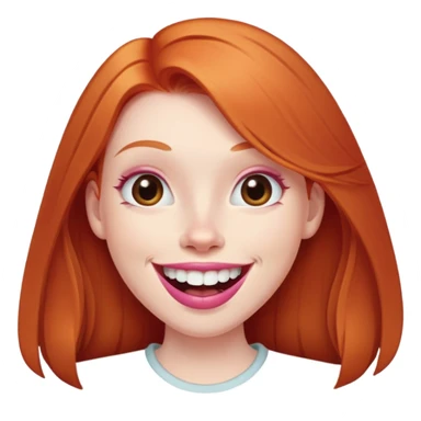 Young girl with pale skin, longer face, full pink lips smiling with big teeth, very long straight ginger red hair (no blonde at all), big brown eyes, bigger nose, big mouth sticker