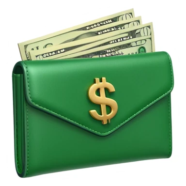 Rich emoji style green leather wallet with dollar bills, luxury money vibe, premium 3D emoji, ultra clean, high detail, no background sticker