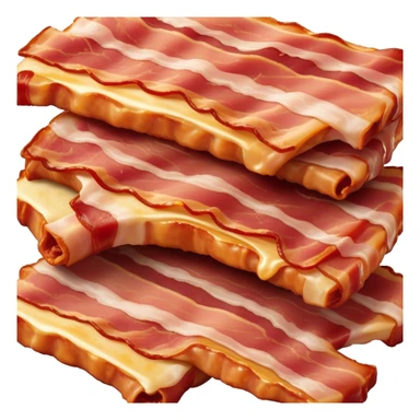 Cinematic crispy sizzling bacon, slightly curled, golden-brown with a perfect crunch, glistening with rich flavor, deep warm tones, served on a breakfast plate, comforting and indulgent. sticker